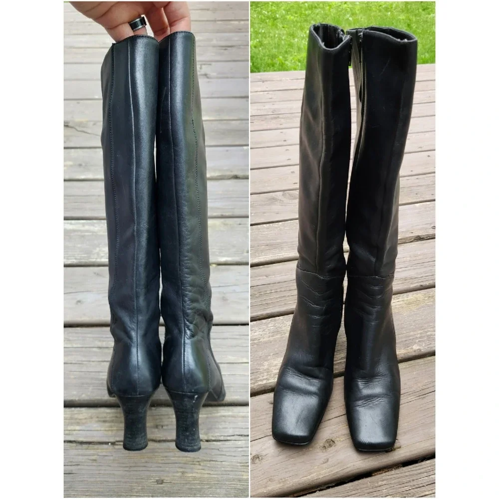 Vintage 90s Y2K Indeed Knee High Boots Black Leather Square Toe Stiletto 8.5M